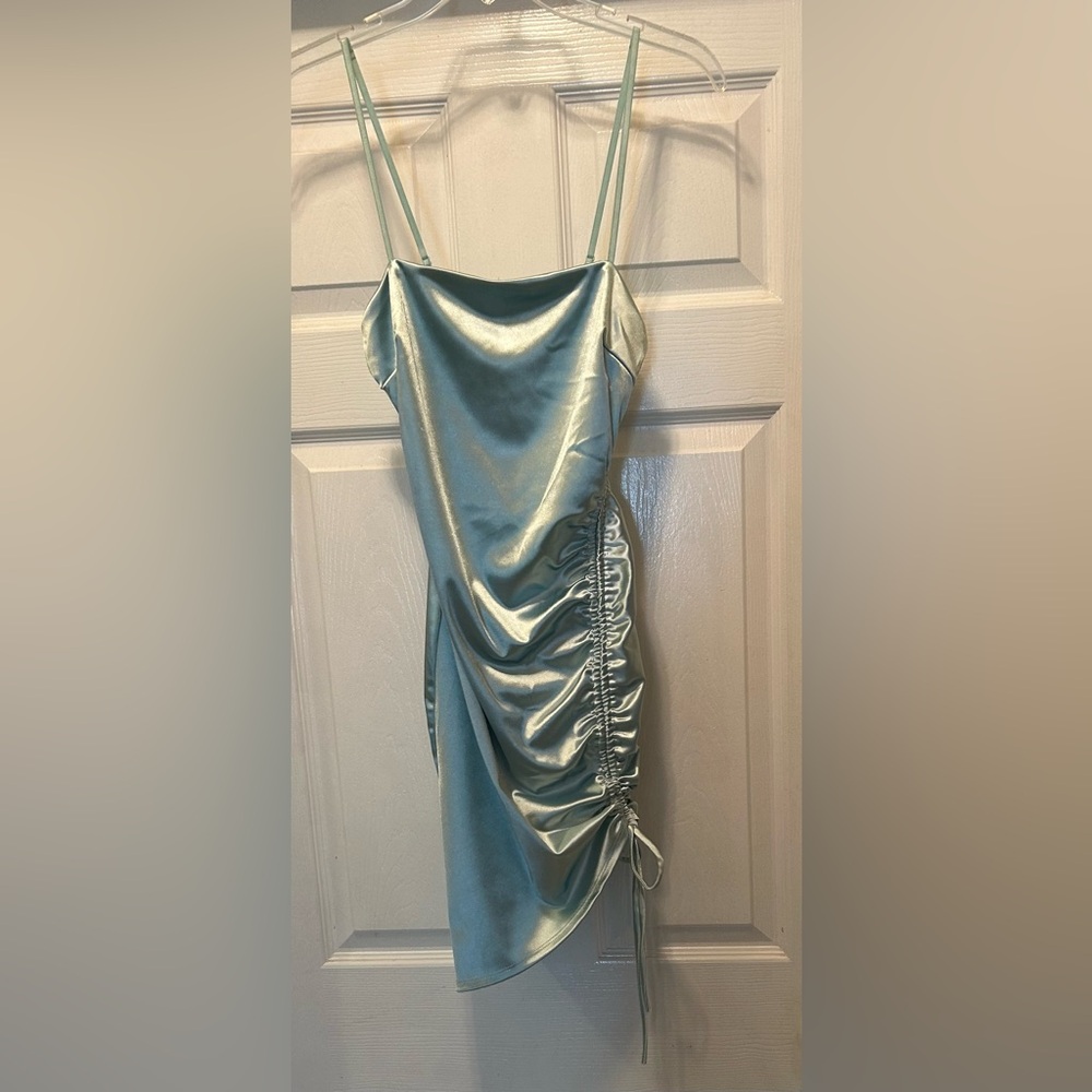 Elegant Satin Ruched Dress in Light Green